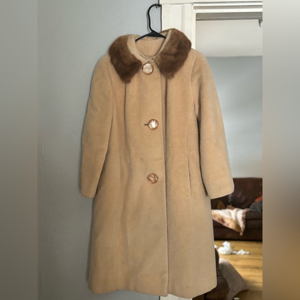 1960s Vintage Beige Wool And Brown Mink Fur Car Coat By Mar-Del By Rice